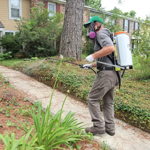 Pest control technician spraying pesticide on a residential lawn | Eden Advanced Pest Technologies
