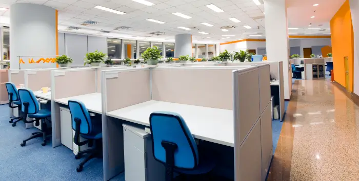 Offices and Professional Buildings Modern office space with rows of desks