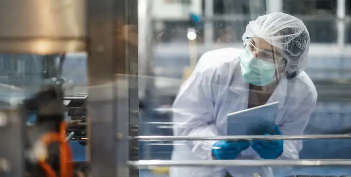 Biotech and Pharmaceutical Scientist in a lab coat monitors machinery while holding a digital tablet - Biotech & Pharmaceutical