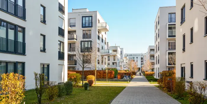 Property Management Rows of apartment complexes in a nice park
