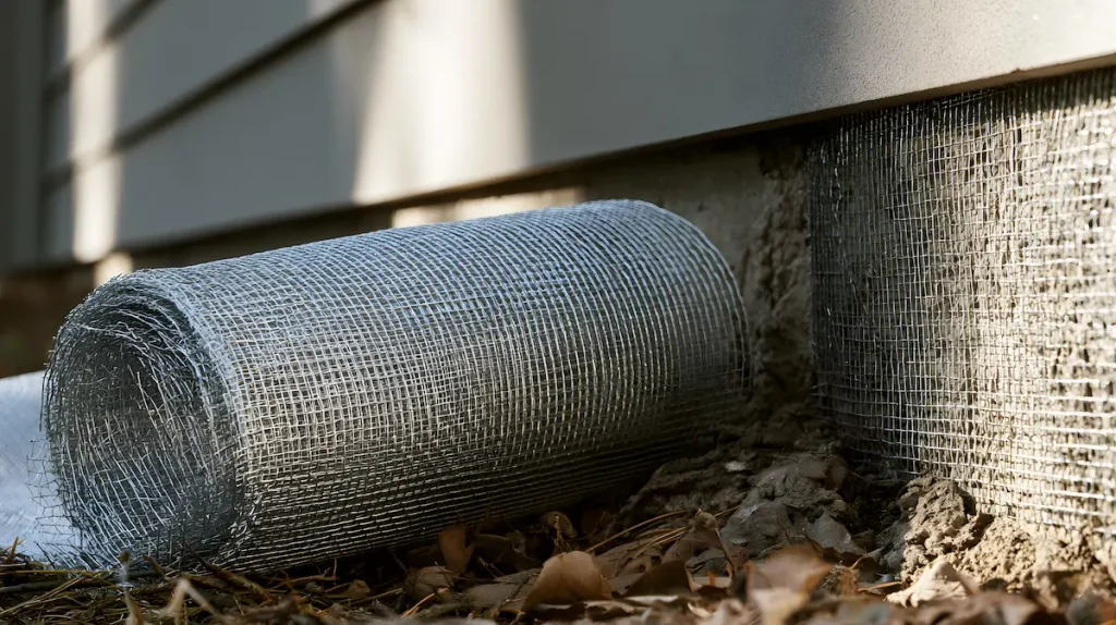 Wire mesh being used as a pest exclusion preventative around the crawl space of a house.