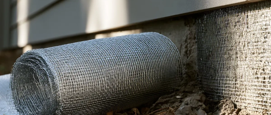 Wire mesh being used as a pest exclusion preventative around the crawl space of a house.